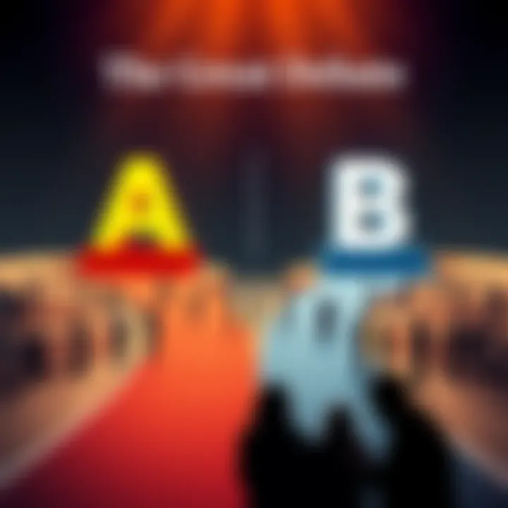 Debating Options A and B Two paths representing option A and option B with people discussing in the foreground