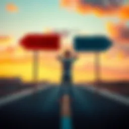 A person standing at a crossroads with two signs pointing in different directions, looking confused