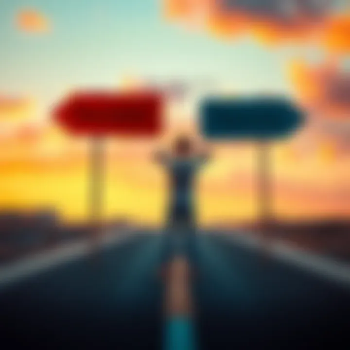 A person standing at a crossroads with two signs pointing in different directions, looking confused