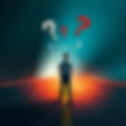 A person standing at a crossroads, looking confused with question marks above their head, symbolizing uncertainty in decision-making without knowledge.