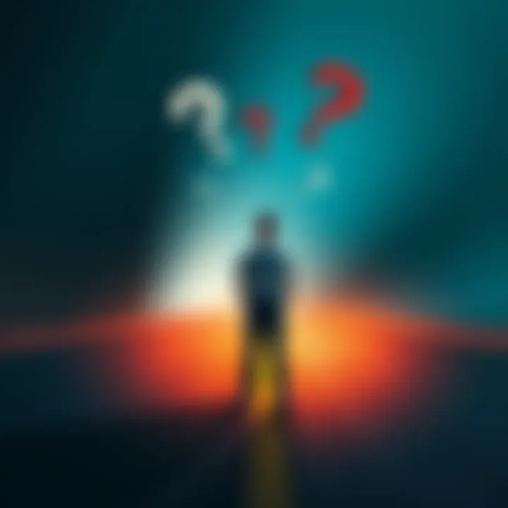 A person standing at a crossroads, looking confused with question marks above their head, symbolizing uncertainty in decision-making without knowledge.