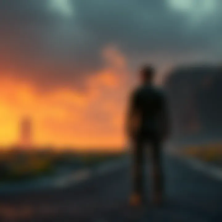 A character stands at a crossroads, contemplating a difficult decision about Randall's fate. The environment reflects tension and moral conflict.