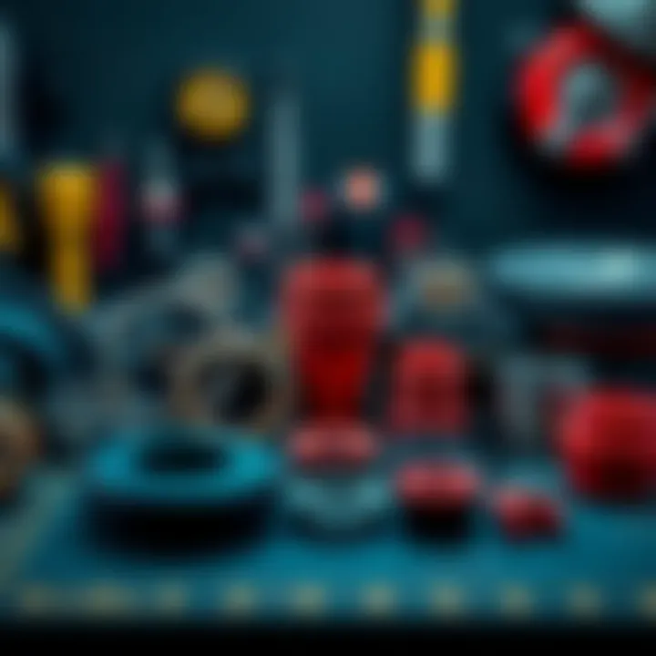 Various replacement rings and caps for deck equipment on a workbench