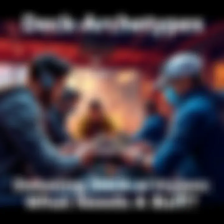 A group of gamers engaged in a conversation about deck archetypes, analyzing potential buffs for balanced gameplay.