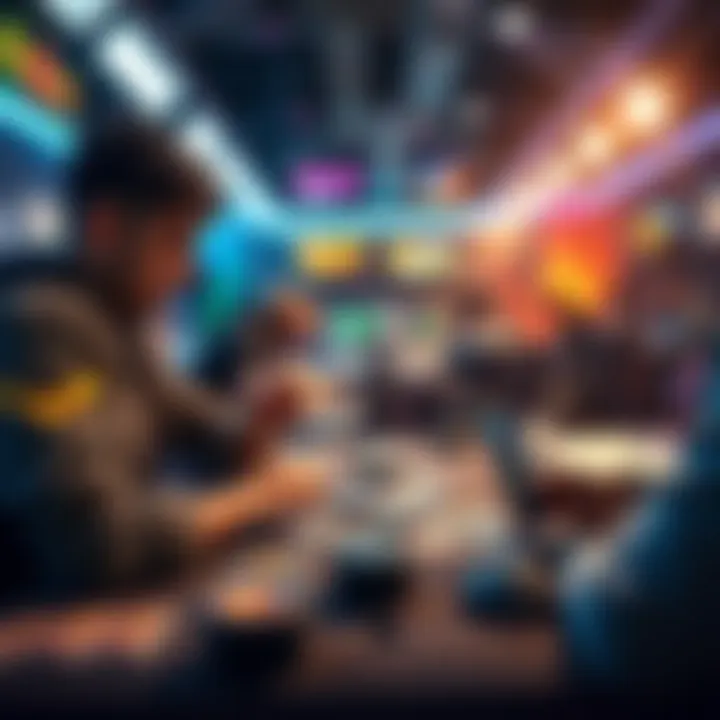 A player arranging cards for a strategy game in a focused environment, aiming to improve their game score.