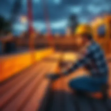 A construction worker reinforcing a wooden deck with new materials