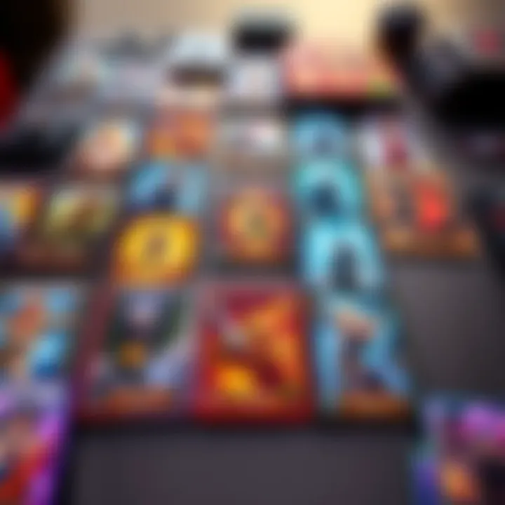 Deckbuilding Games A collection of colorful deckbuilding game cards arranged on a table, showcasing various themes and illustrations.