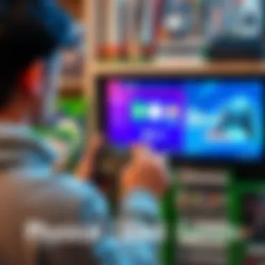 A gamer holds a digital game console with digital downloads displayed on the screen, while physical game cases are stacked on a shelf, showing a clear preference for digital over physical.