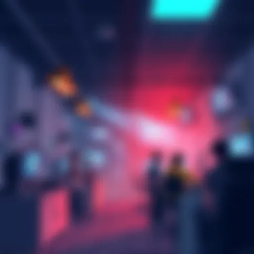 An illustration showing empty gaming studios and people looking worried, representing layoffs and closures in the U.S. video game industry.