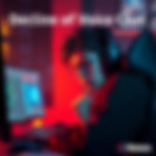 A gamer in front of a computer looking frustrated while using pings instead of voice chat during a game.
