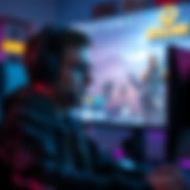 A gamer looking frustrated at teammates on screen with gaming graphics showing GWAW and Wildlands logos in the background