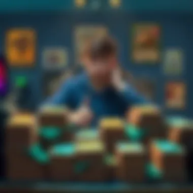A gamer sitting at a desk, looking disappointed while surrounded by stacks of similar game cards, representing the trend of using cookie-cutter decks instead of unique creations.