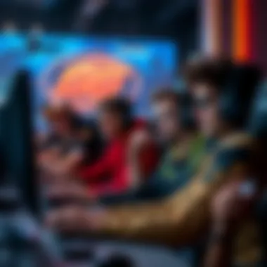 A group of gamers sitting at computers after a match, showing mixed reactions, some smiling and chatting, others looking indifferent without saying GG.