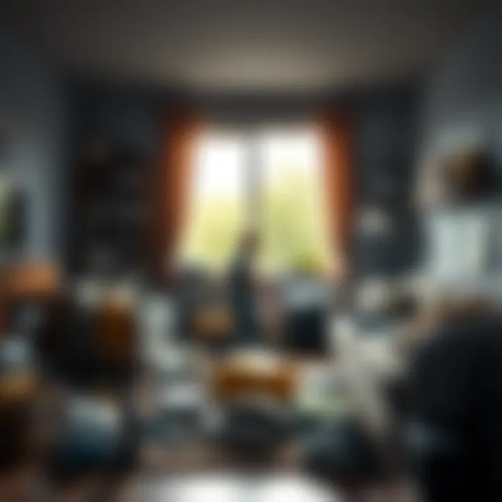 A person sorting through clutter in a living room, deciding what to keep and what to throw away.