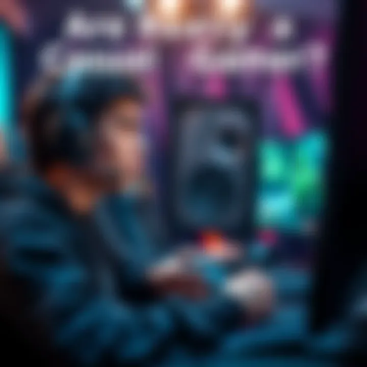 A gamer focused on the screen, showing intense concentration while playing a video game with a controller in hand, surrounded by gaming setup.