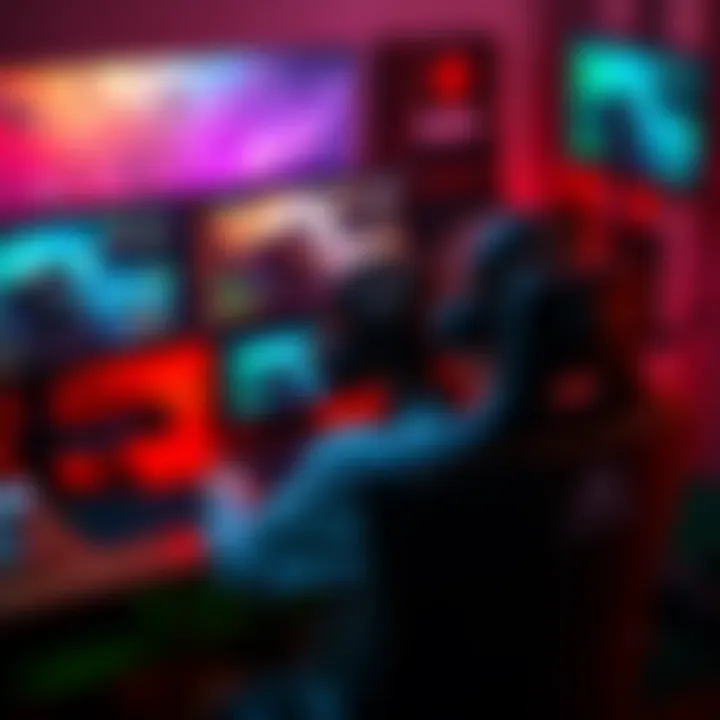 A gamer sits at a desk with a powerful PC, showcasing multiple screens displaying gaming environments and server connections, illustrating dedicated PC clients.