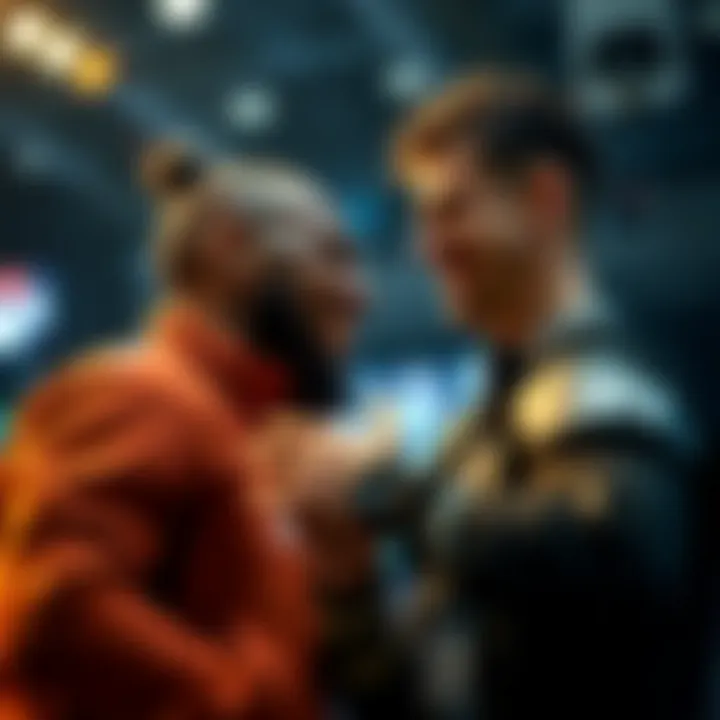 DeenTheGreat confronts StableRonaldo on stage at Brand Risk event, showcasing a tense moment of competition.