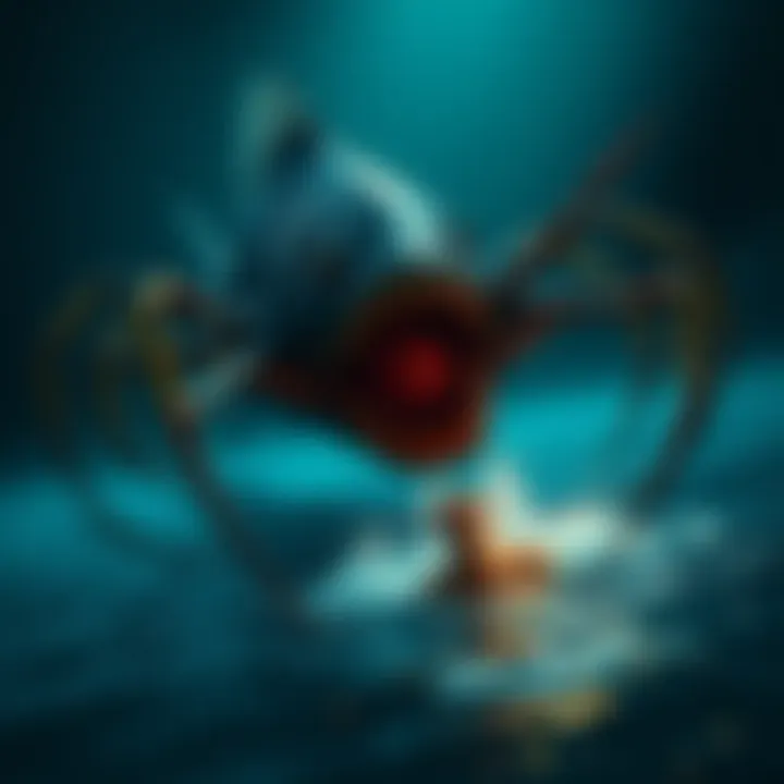 A dark ocean scene featuring a monstrous fish with long, mechanical legs approaching a terrified swimmer, depicting the eerie blend of horror and oceanic fear