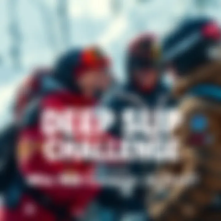 A group of players discussing the Deep Slip challenge, with a snowy backdrop and gear for ice sports, highlighting excitement and competition.