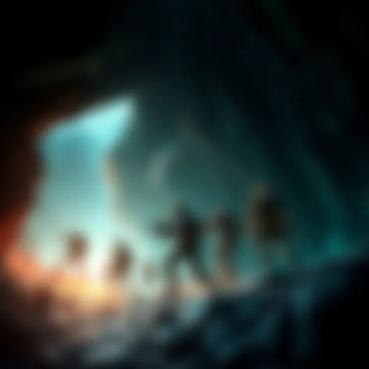 A team of characters exploring a dark cave, fighting enemies and collecting resources in Deep Rock Galactic: Rogue Core.