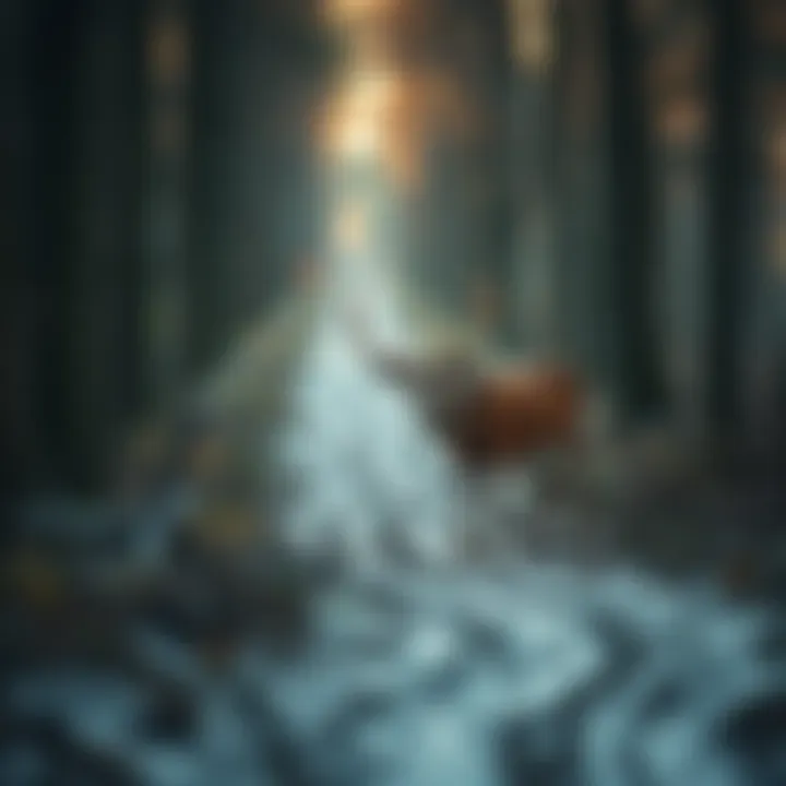 A person tracking deer in a forest with a detailed focus on the ground and footprints, surrounded by trees and nature