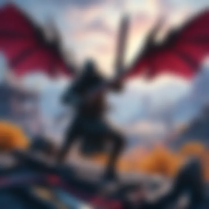 A skilled hunter using dual blades prepares for battle against Primordial Malzeno, surrounded by vibrant landscapes and gear for an upcoming challenge.