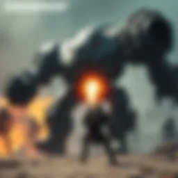 A player character battling a large, armored juggernaut in a game setting, with flames from burning pods in the background.