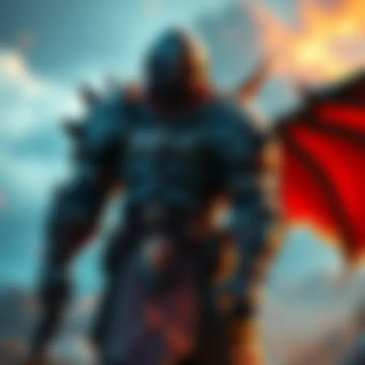 A game character wearing Defender Armor, showcasing its detailed design and color scheme while preparing for battle in a fantasy landscape.