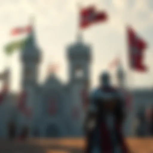 A scene from the trailer showcasing a knight in armor standing before a castle with banners waving in the wind.