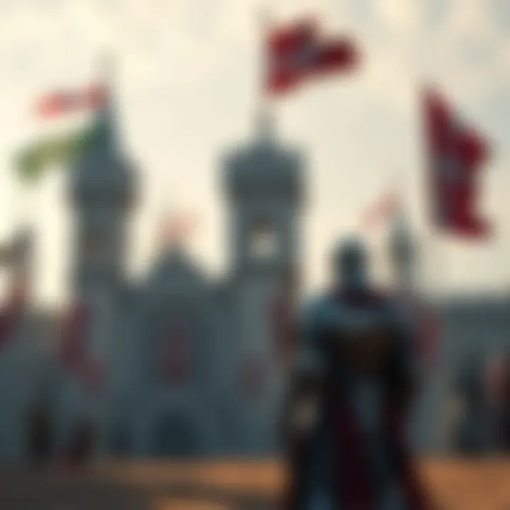A scene from the trailer showcasing a knight in armor standing before a castle with banners waving in the wind.