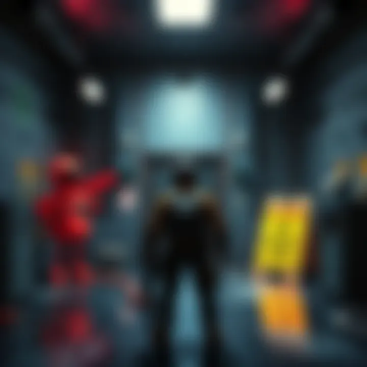 Defensive setup in a key room A player stands in front of a barricade in a key room, with traps visible and caution signs nearby, alerting to potential dangers of looting.