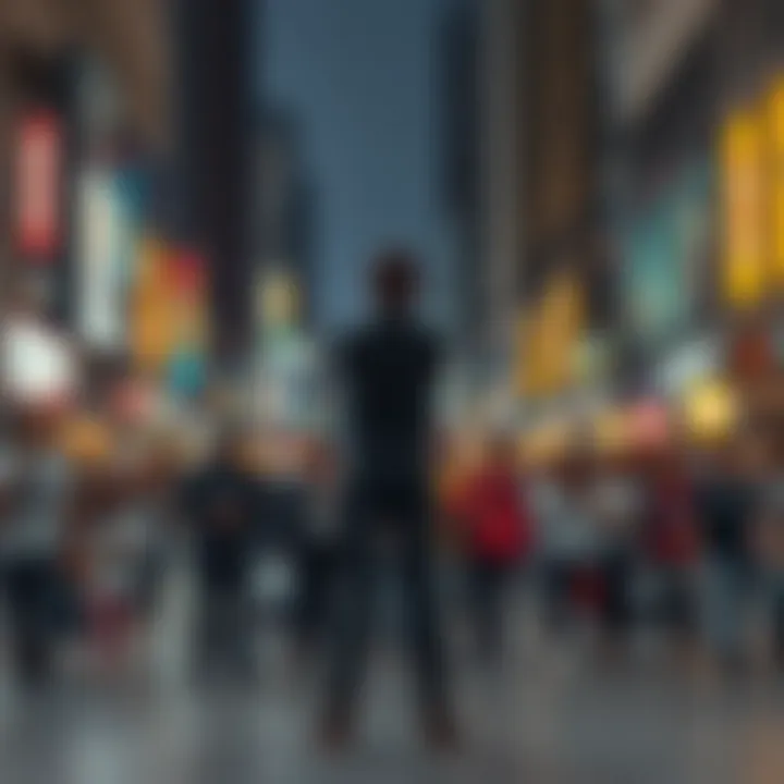 A lone individual standing with arms crossed, challenging a group of people in a busy city street, symbolizing defiance and a call for change.