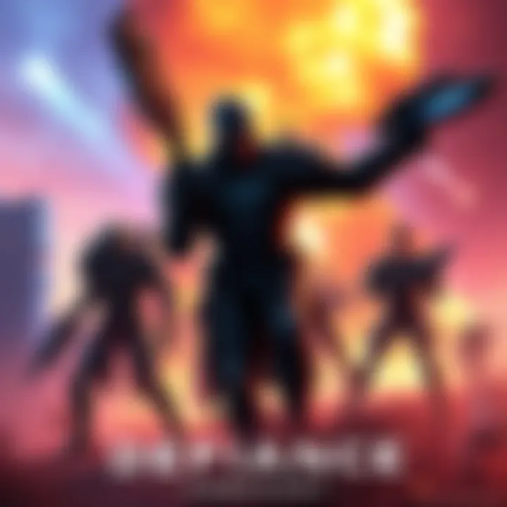 A vibrant scene showcasing characters from the Defiance universe in an action-packed environment, inviting fans to share their story ideas.