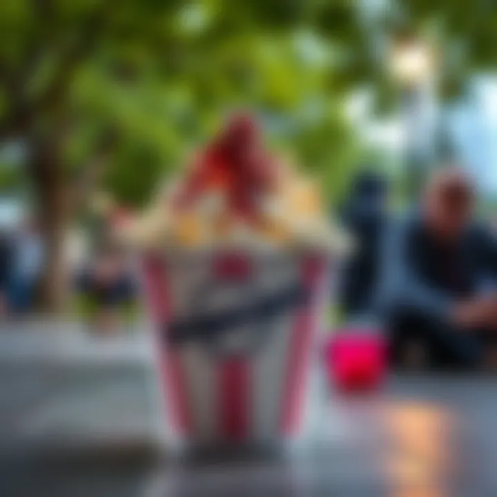 A bowl of popcorn with an unusual substance on top, causing surprise among onlookers in a park