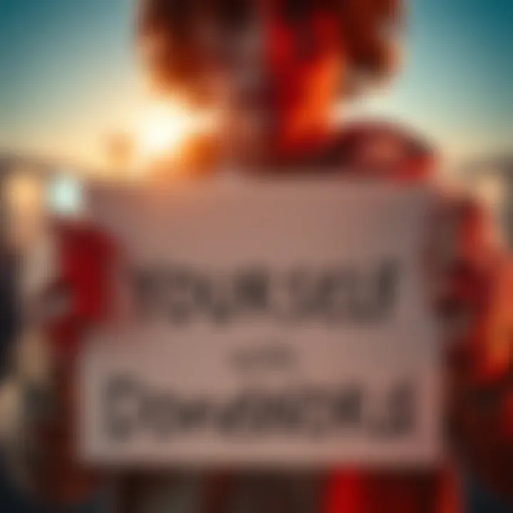 Define Yourself with One Word A person holding a sign with a single word that represents their identity, reflecting self-awareness and motivation.