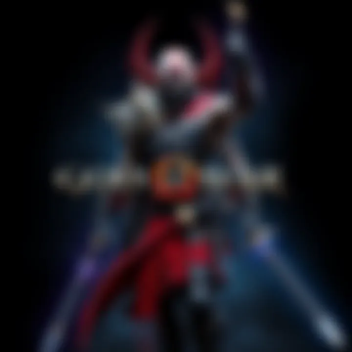 Concept art showing Deimos with armor and weapons, featuring a strong pose against a dark background