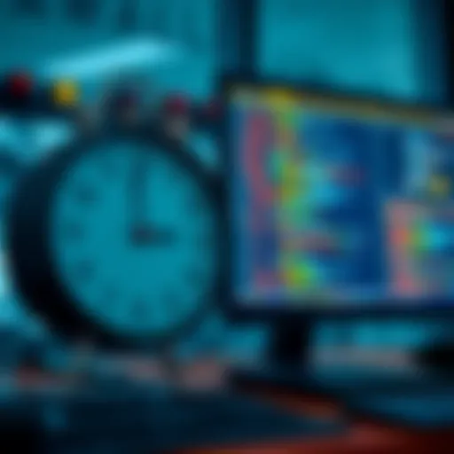 A clock showing time passing next to a computer screen displaying a software project, symbolizing the relationship between time and quality in development.