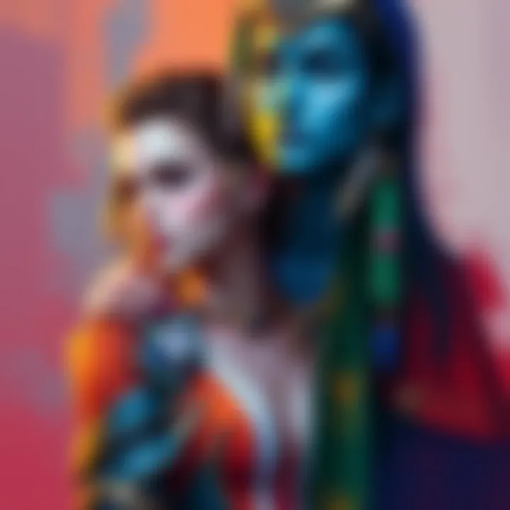 Delilah's Artwork of Kaldwin and Jindosh A vibrant painting showcasing characters Emily Kaldwin and Kirin Jindosh, focusing on their expressive emotions through bold colors.