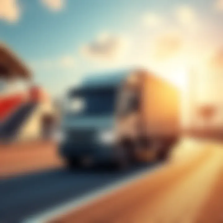 A delivery truck driving on a sunny road, focusing on delivering packages without any combat elements.