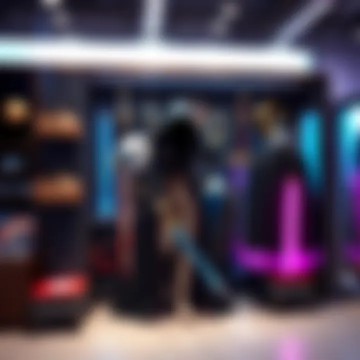 A display of deluxe edition costumes and swords in a game shop setting