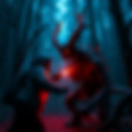 A player controlling the Demogorgon character faces off against a survivor in a dark forest setting, showcasing the tension of the game.