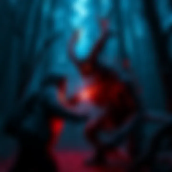 A player controlling the Demogorgon character faces off against a survivor in a dark forest setting, showcasing the tension of the game.