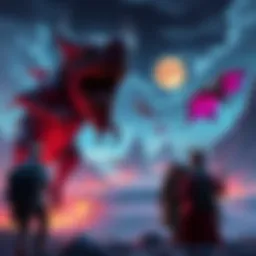 Vacation in the Demon Realm A group of adventurous travelers exploring the mystical landscapes of the Demon Realm with strange creatures and vivid colors.