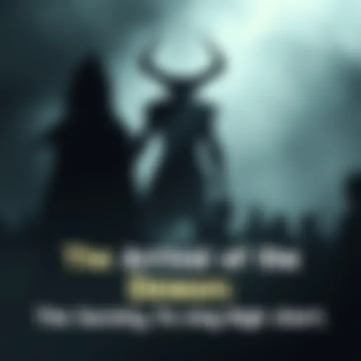 A shadowy figure representing the Demon stands ominously, casting fear among people in the background.