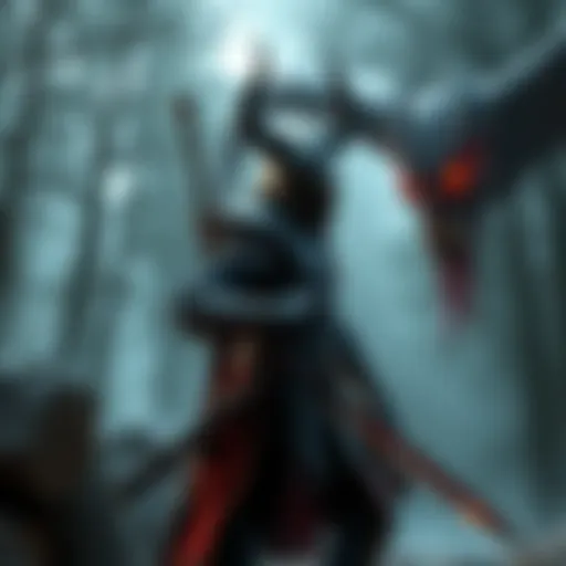 A skilled warrior dressed in armor stands ready with a sword to battle a fierce demon in a dark forest setting.