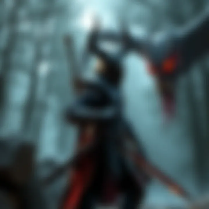 A skilled warrior dressed in armor stands ready with a sword to battle a fierce demon in a dark forest setting.