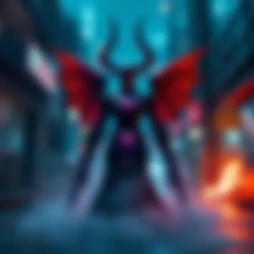 A dark, demonic character stands in an urban environment, surrounded by mystical elements, reflecting the game's unique blend of storytelling and gameplay.