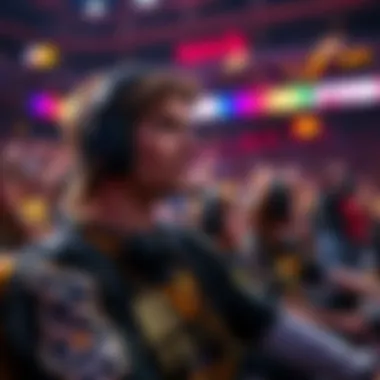 A scene from Dendi's final match with Na'Vi, showing him focused on the game, surrounded by teammates and fans cheering in the background.