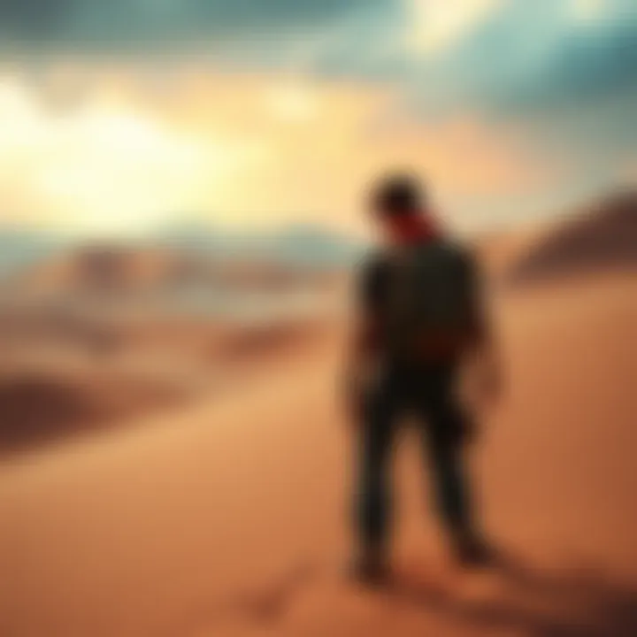 A character exploring a vast desert with sand dunes and a stormy sky in the background.