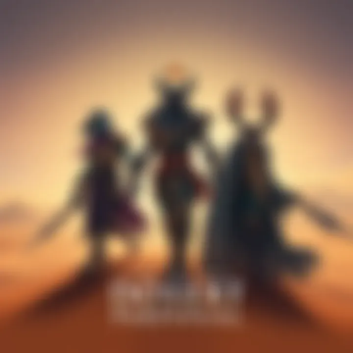 Four boss characters from The Desert Perpetual: Agrios, Iatros, Epoptes, and Koregos, each showcasing their unique appearances and powers in a sandy landscape.